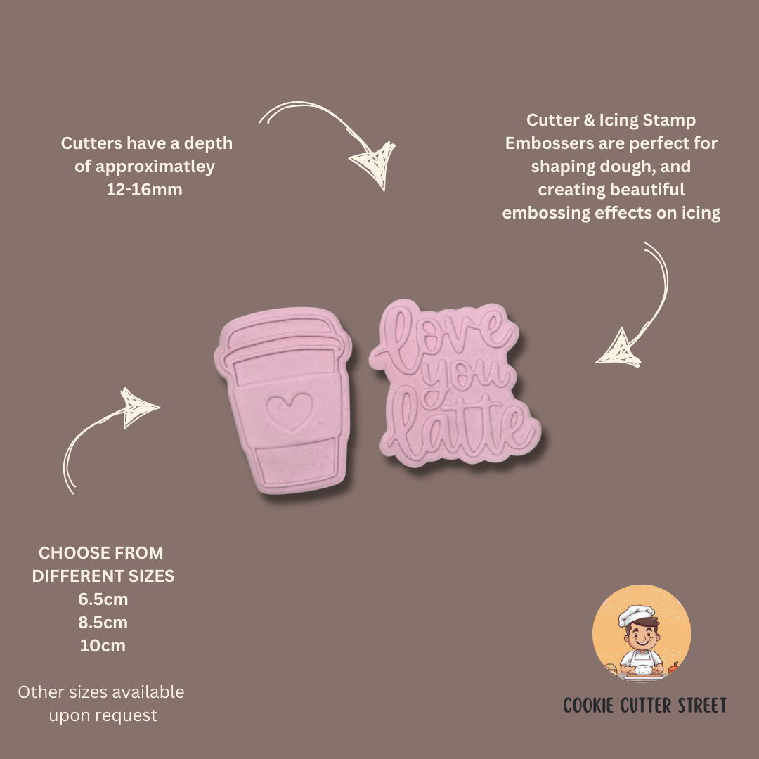 Valentines LOVE YOU LATTE Cutters & Icing Embossers For Cookies & Cupcake Toppers