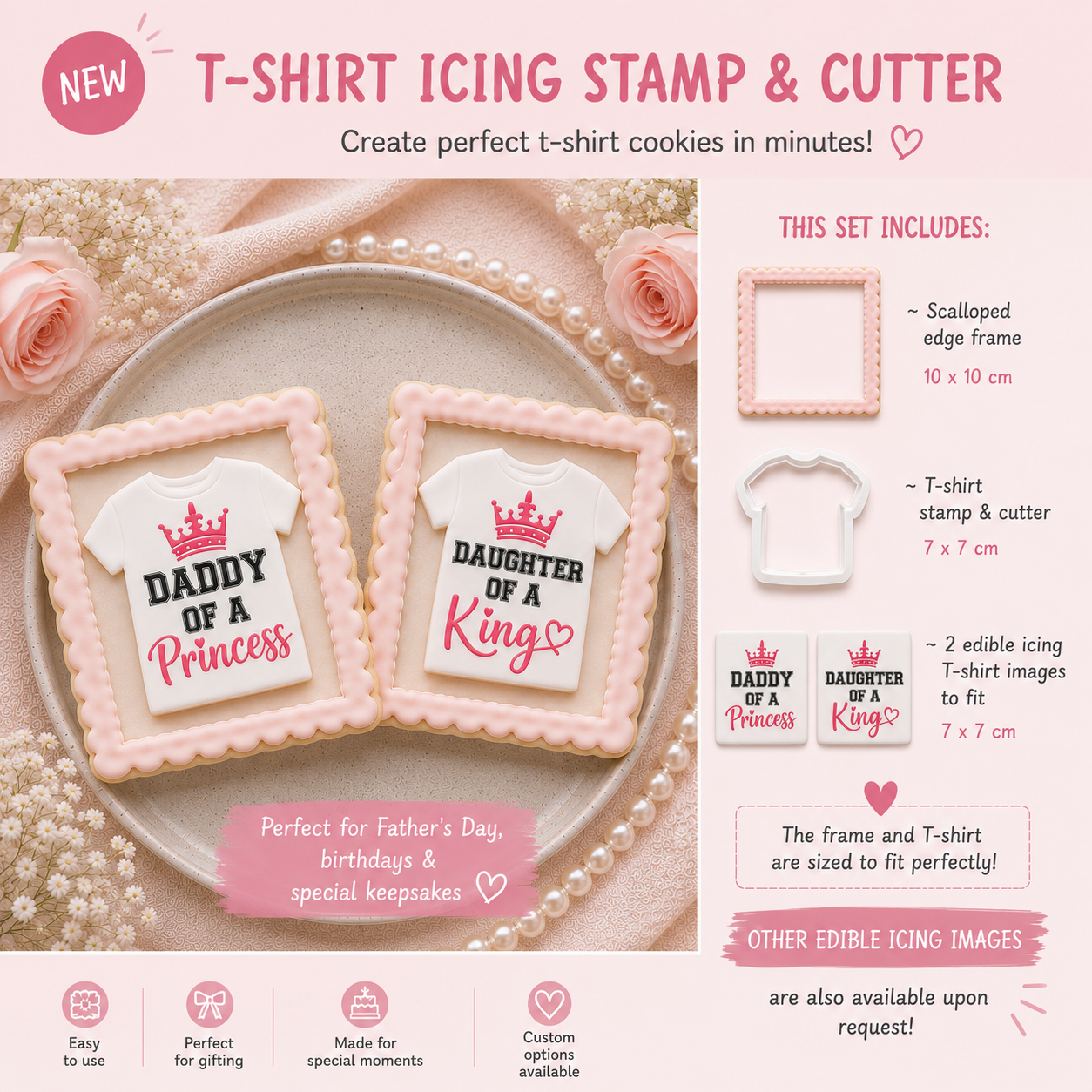 T-shirt icing stamp and cutter set with decorated cookies on a decorative plate.