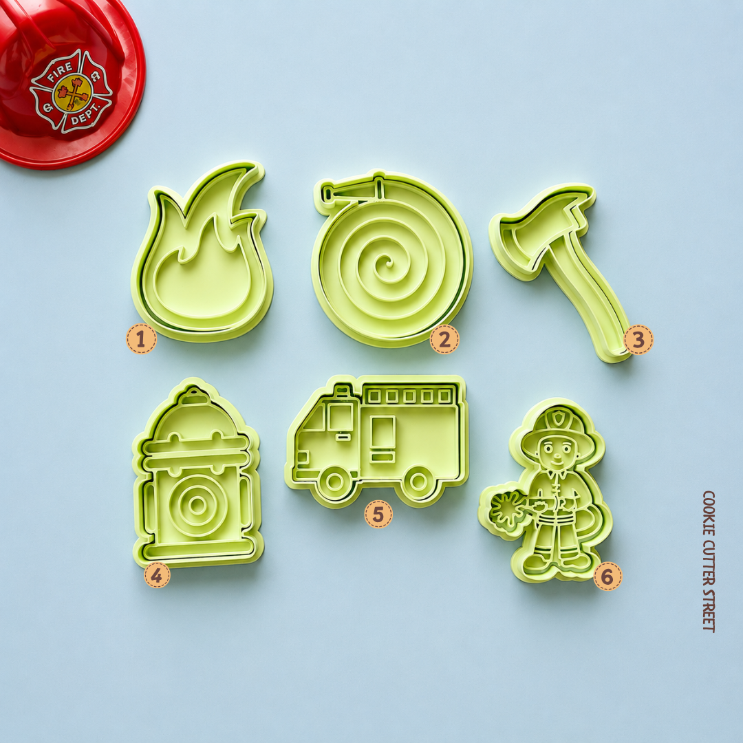 Fire engine and firefighter themed imprint icing stamps and matching cookie cutters featuring a flame, fire hose, firefighter axe, fire hydrant, fire engine and firefighter character for children's birthday cookies.