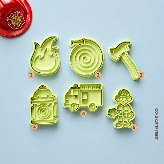 Fire engine and firefighter themed imprint icing stamps and matching cookie cutters featuring a flame, fire hose, firefighter axe, fire hydrant, fire engine and firefighter character for children's birthday cookies.