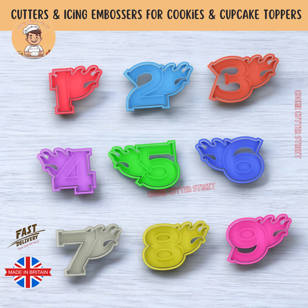 Set of Flaming Number Cookie Cutters (1-9), featuring bold numbers with flame details. Perfect for racing, fire engine, and Hot Wheels-themed bakes. Available individually or as a set.