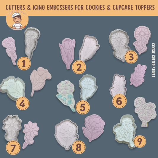 Floral Collection Cookie Cutters & Icing Embossers – 9 unique flower-inspired designs, perfect for weddings, birthdays, and special occasions.