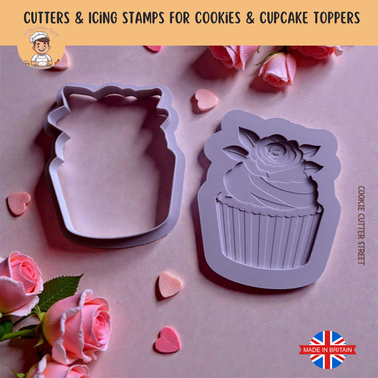 Floral cupcake cookie cutter with raised icing stamp styled with pink roses and heart confetti on a soft pink background.
