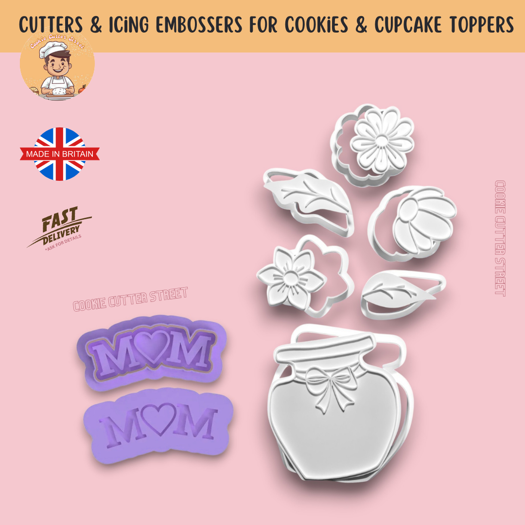 A floral-themed cookie cutter set featuring a jar design and ‘Mum’ embossers, ideal for Mother’s Day and birthday baking.