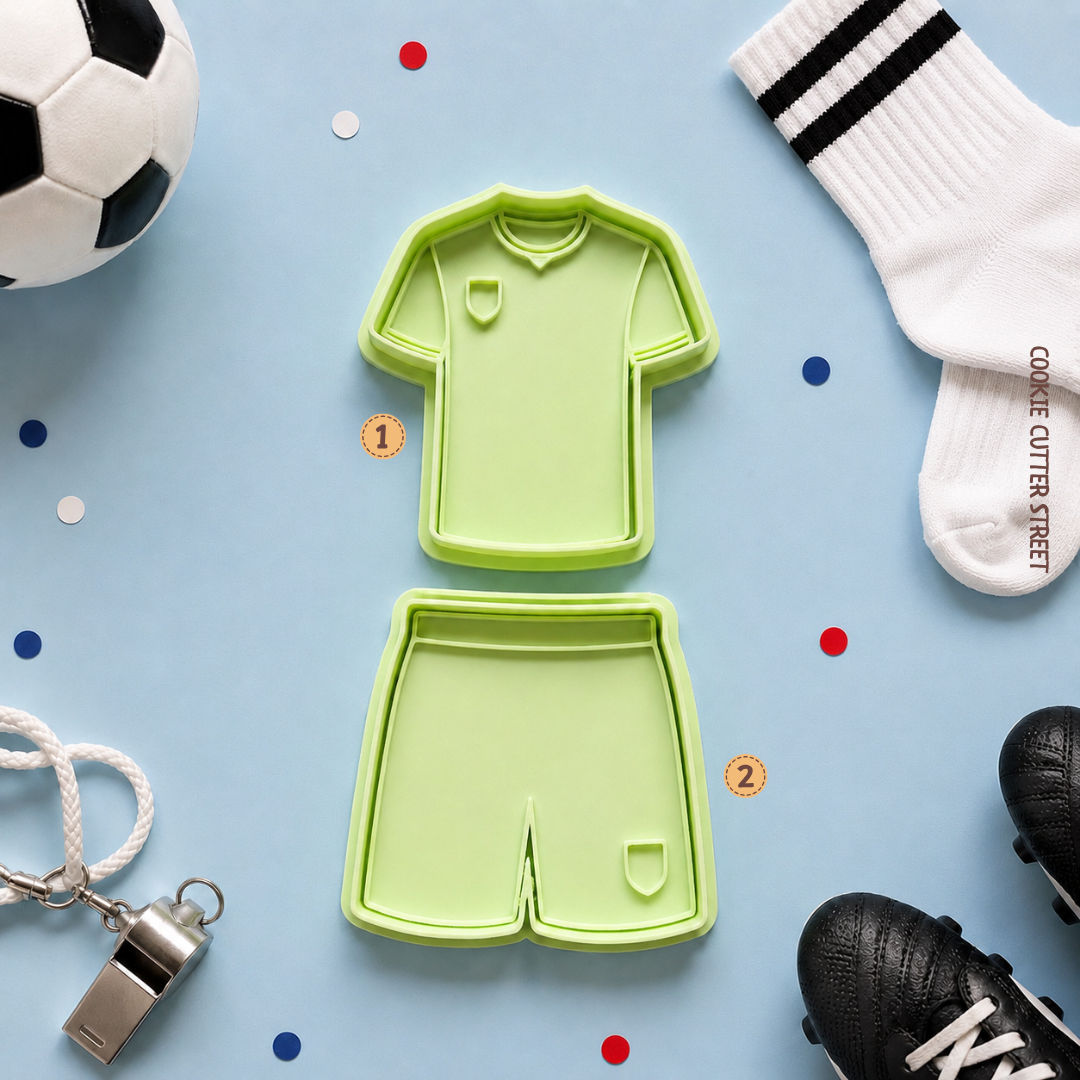 Football shirt and shorts imprint cookie stamps for football-themed cookies, sports celebrations and team events.