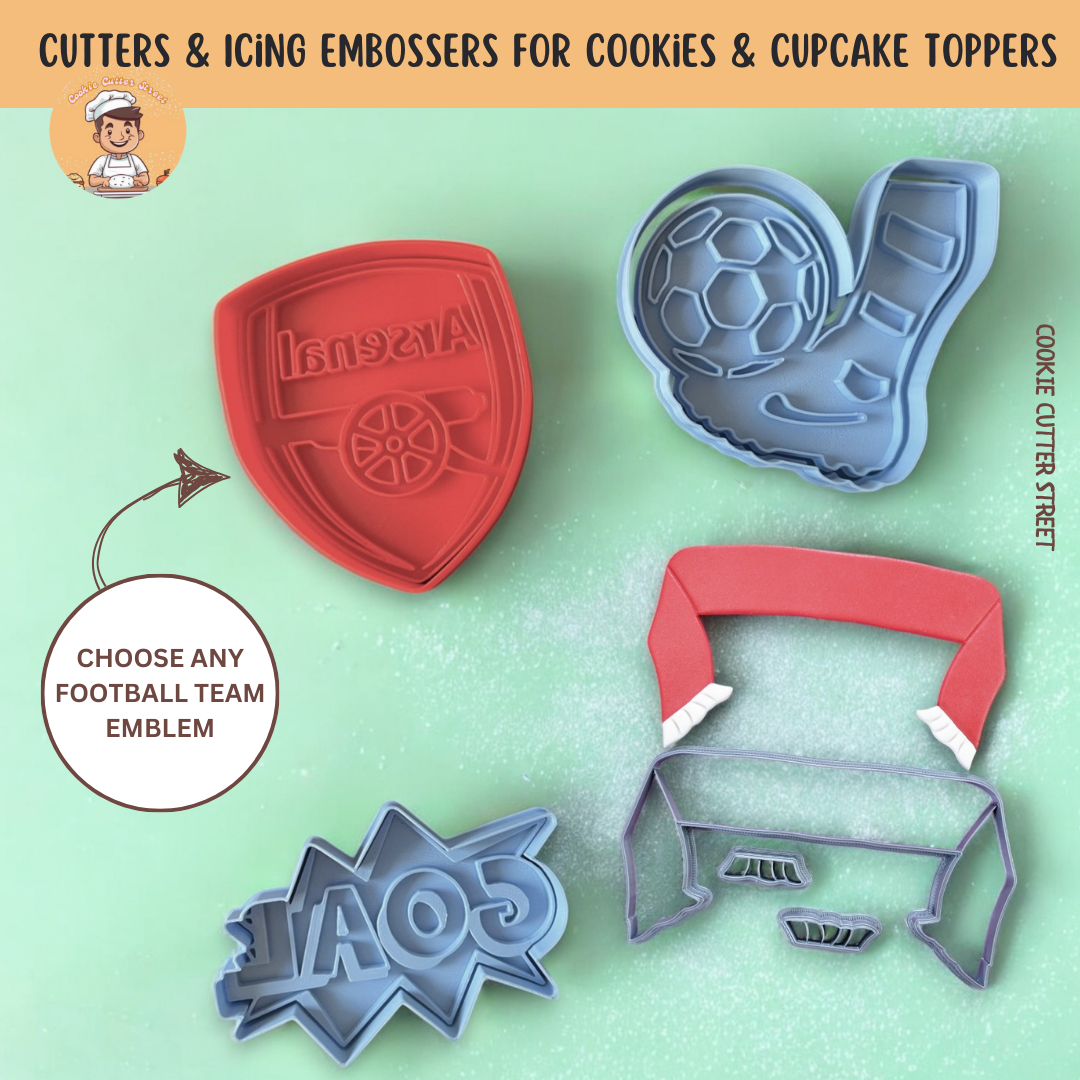 Football-themed cookie cutters featuring a boot & ball, "GOAL!" burst, and a custom football team logo embosser of your choice.