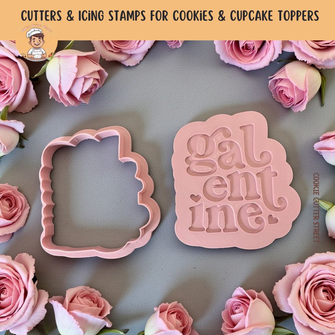 Two pink cookie cutters with 'galentine' text surrounded by pink roses on a gray background.