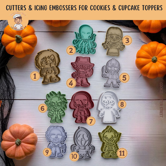 Halloween character cookie cutters and embossers with 11 spooky-yet-adorable designs. Perfect for Halloween cookies, cupcakes, and fondant toppers.