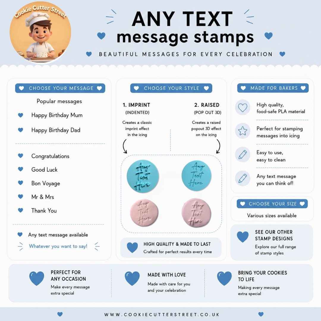 Promotional graphic for text message stamps with various design options and customization features.