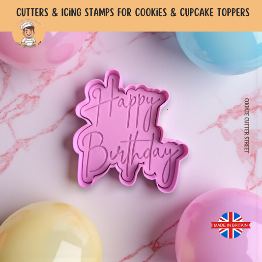 Happy Birthday Contour Debosser & Cutter for Cookies & Cupcake Toppers