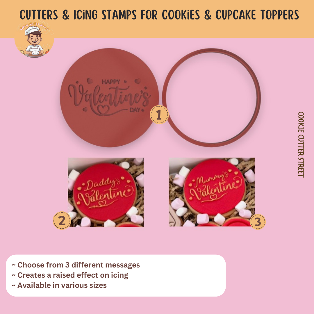 Valentine-themed cookie cutters and icing stamps on a pink background with text about product features.