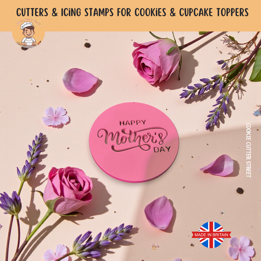 Pink cookie cutter with 'Happy Mother's Day' text surrounded by flowers on a beige background
