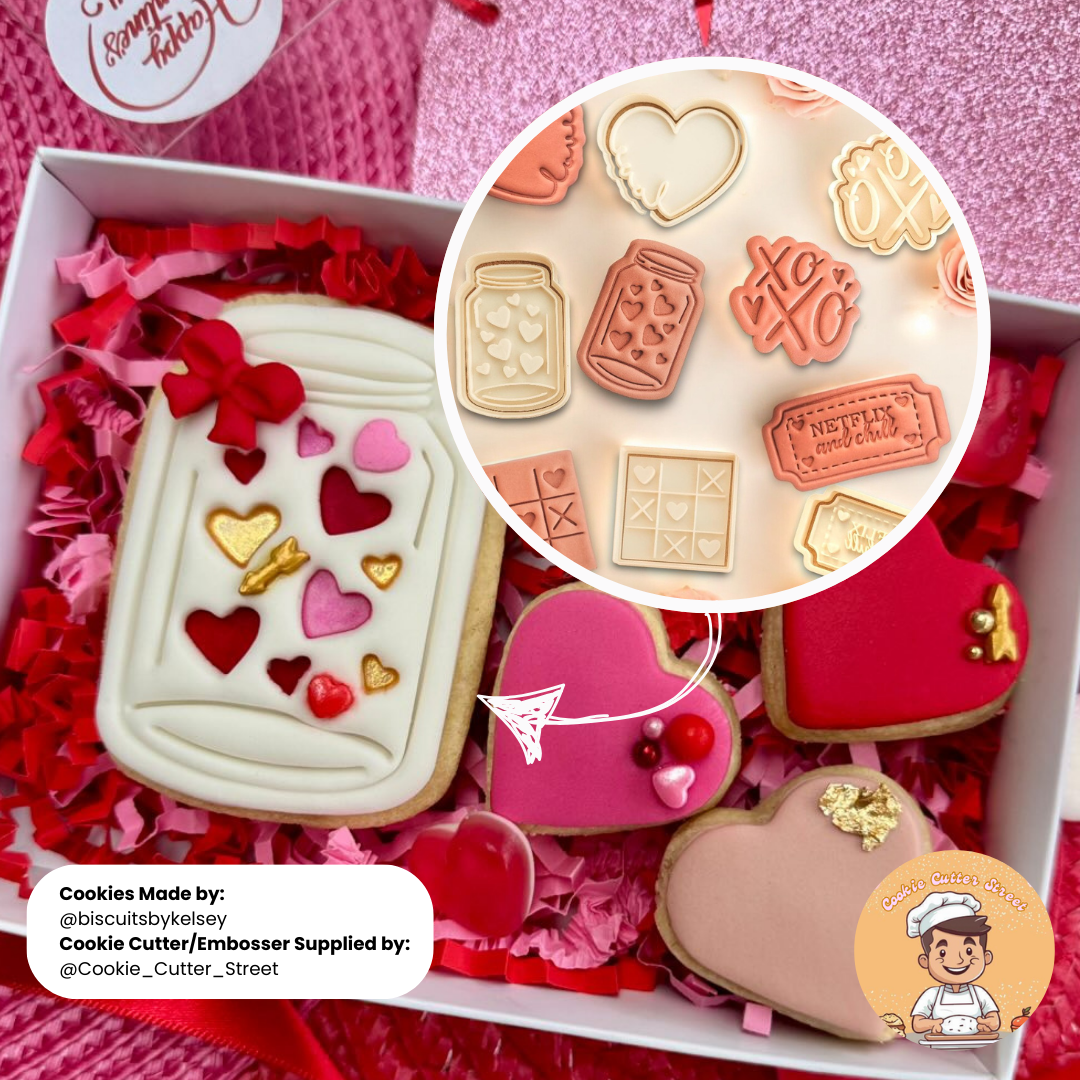 Romantic Valentines Cookie Cutter & Icing Stamp Embosser Set – XOXO, Love, Jar of Hearts, Netflix Chill Cutters & Icing Embossers For Cookies & Cupcake Toppers