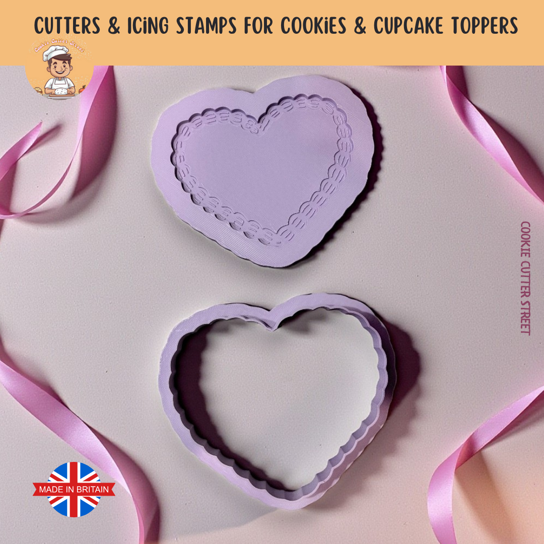 Heart-shaped cookie cutters and icing stamps with pink ribbons on a light gray background, featuring 'Cookie Cutter Street' branding.