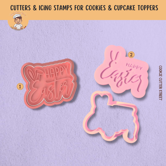 "Happy Easter " Icing Stamp & Cookie Cutter. Imprint or Raised Effect