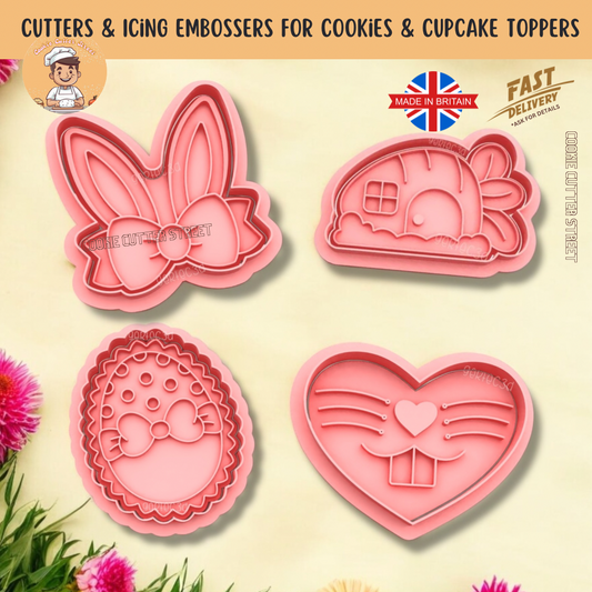Frilly Easter Bunny Shaped Cutters & Icing Embossers For Cookies & Cupcake Toppers