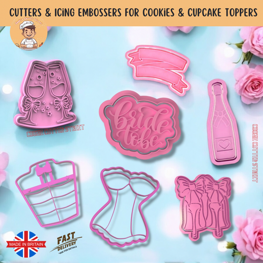 Bow Themed Bride-To-Be Hen Party Cutters & Icing Embossers For Cookies & Cupcake Toppers