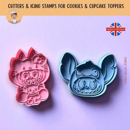 Two cookie cutters shaped like cartoon characters on a purple background with 'Cookie Cutter Street' branding.