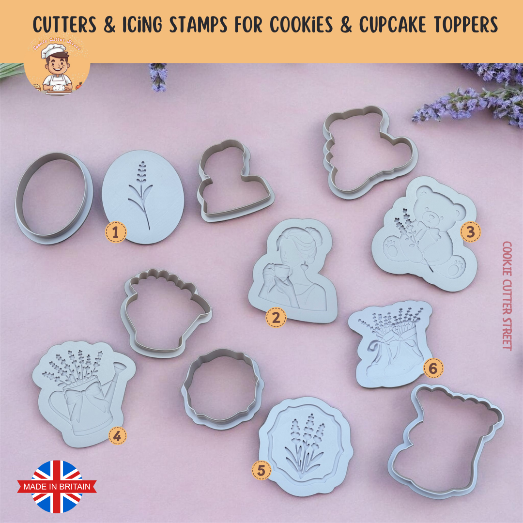 Set of cookie cutters and icing stamps with floral designs on a pink background, featuring the brand 'Cookie Cutter Street'.