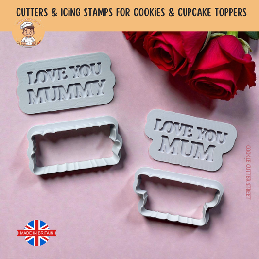 Cookie cutters with 'LOVE YOU MUMMY' text on a pink background with red roses.