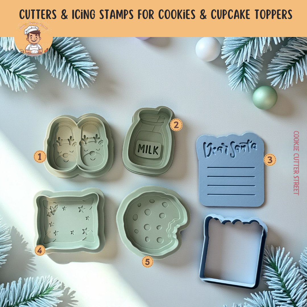 DEBOSSER Set of Cute Christmas Eve Cookies & Milk For Santa Cutters & Icing Stamps For Cookies & Cupcake Toppers