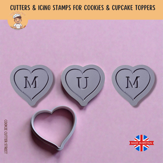 Set of “MUM” Heart Letters Icing Stamps For Cookies & Cupcake Toppers