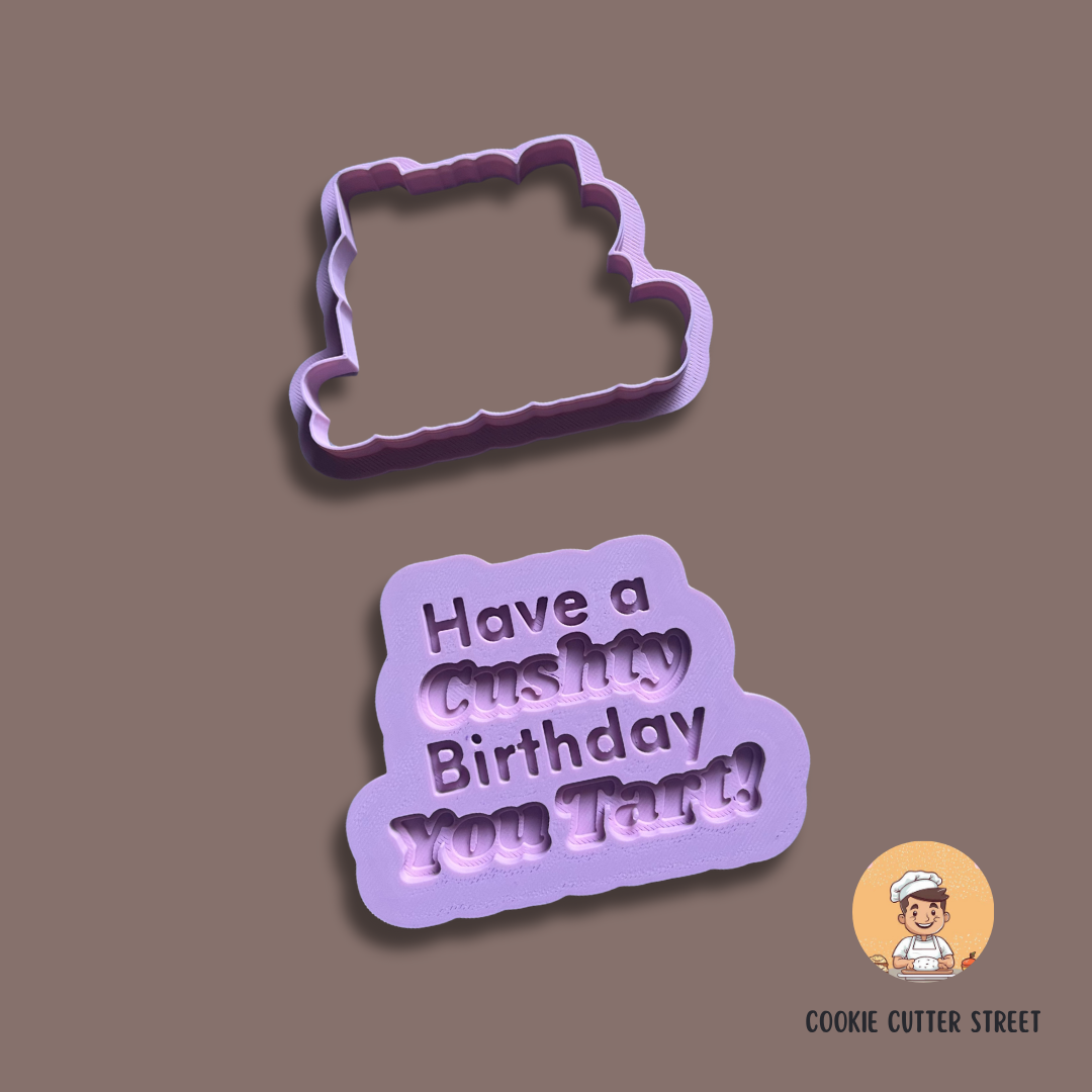 An Only Fools and Horses-themed cookie cutters and icing embossers, featuring  a bubble word sayong "Have a Cushty Birthday You Tart"