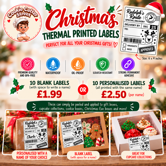 Promotional graphic for Christmas thermal printed labels by Cookie Cutter Street, showing sample labels, product features icons, pricing for blank and personalised labels, and three example applications on gift boxes and cupcakes.