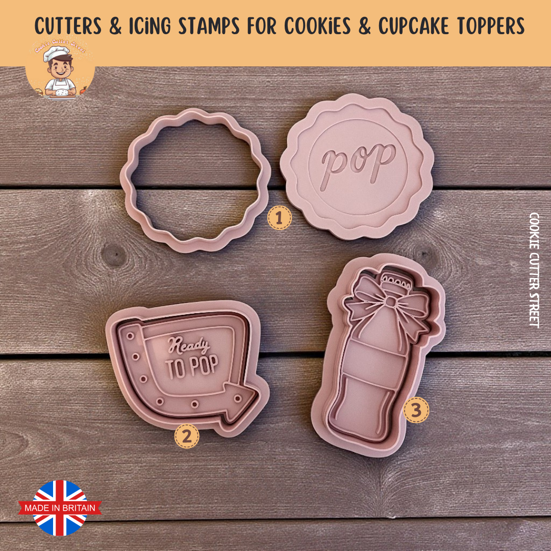A Ready to Pop baby shower cookie cutter and icing stamp set featuring pregnancy-themed designs.