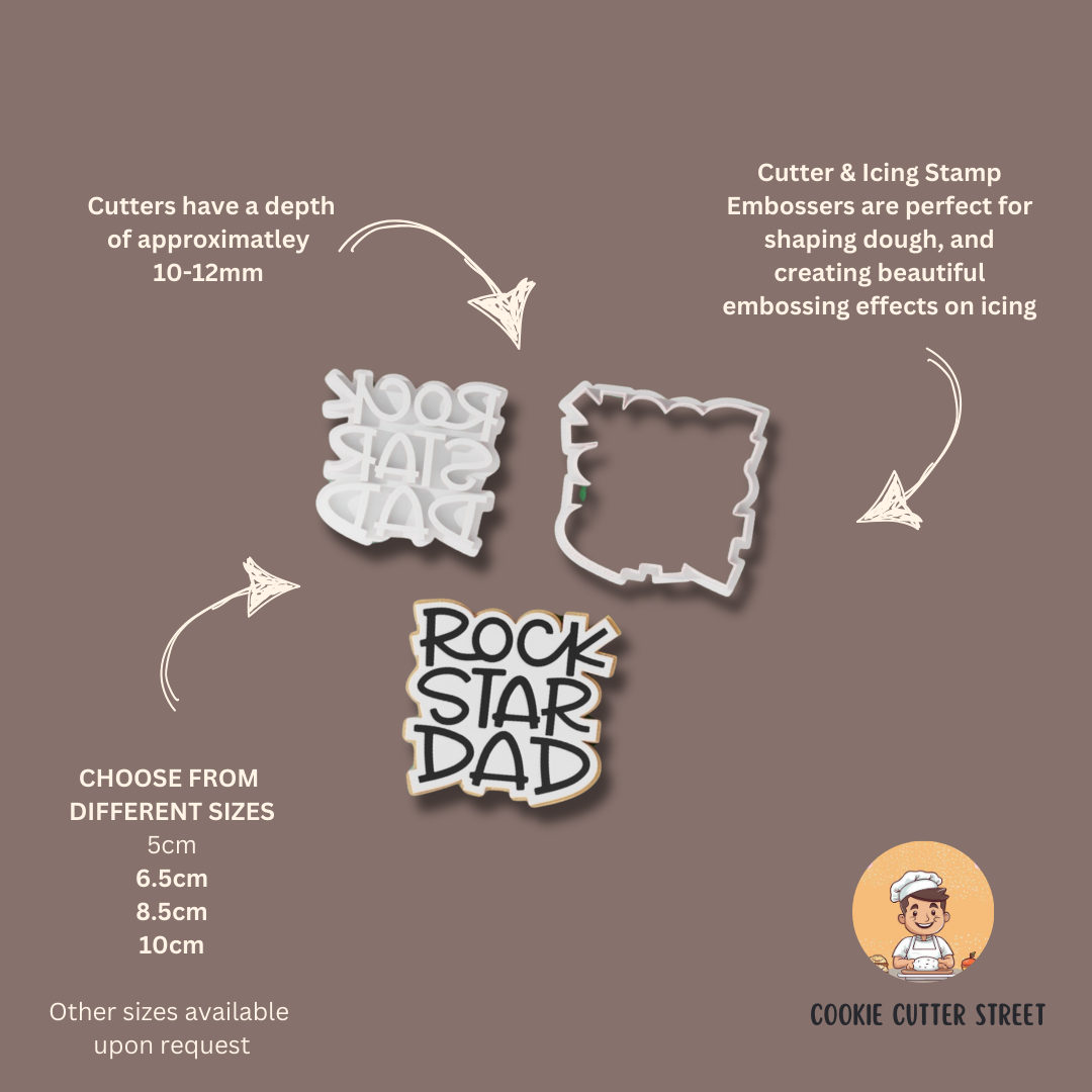 "Rock Star Dad" Fathers Day Birthday Multi-Piece Cutter & Icing Embosser For Cookies & Cupcake Toppers