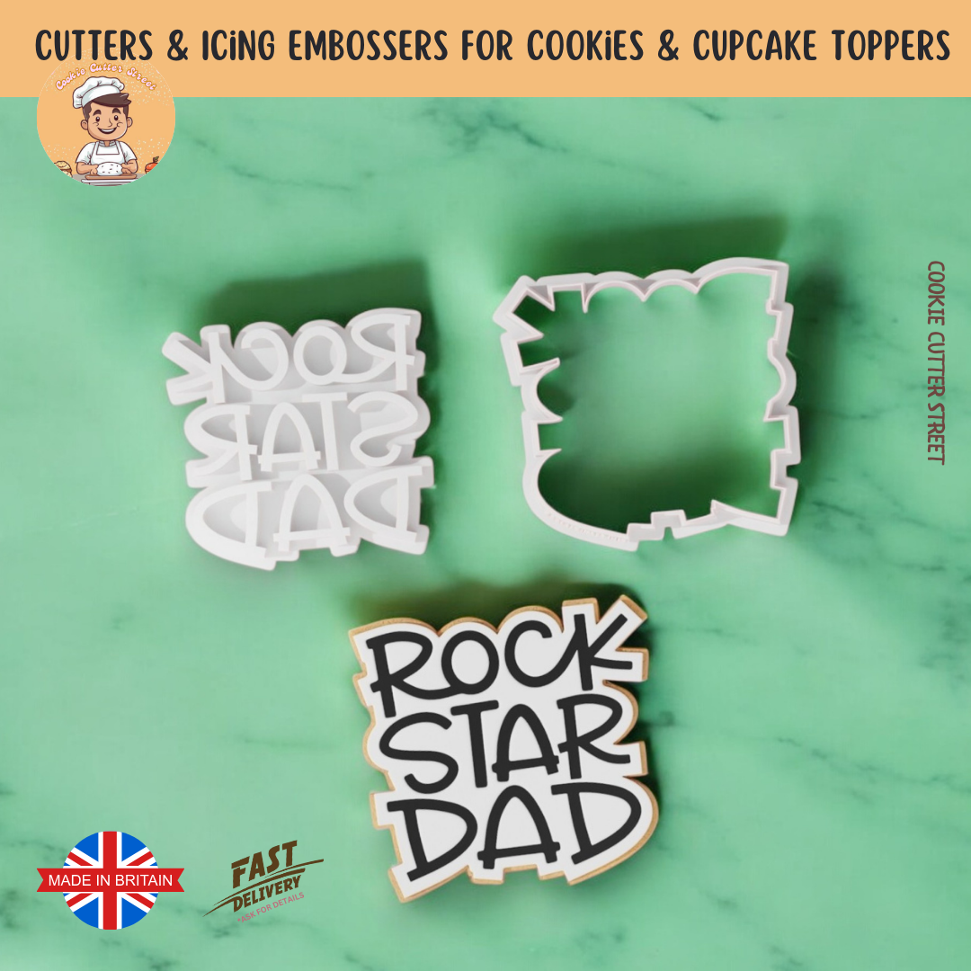 A cookie cutter and icing embosser featuring the words "Rock Star Dad"—perfect for Father’s Day and music lovers.