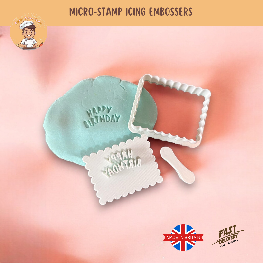 MICRO Message Scalloped Edge Happy Birthday Cutter & Icing Embosser For Cookies & Cupcake Toppers