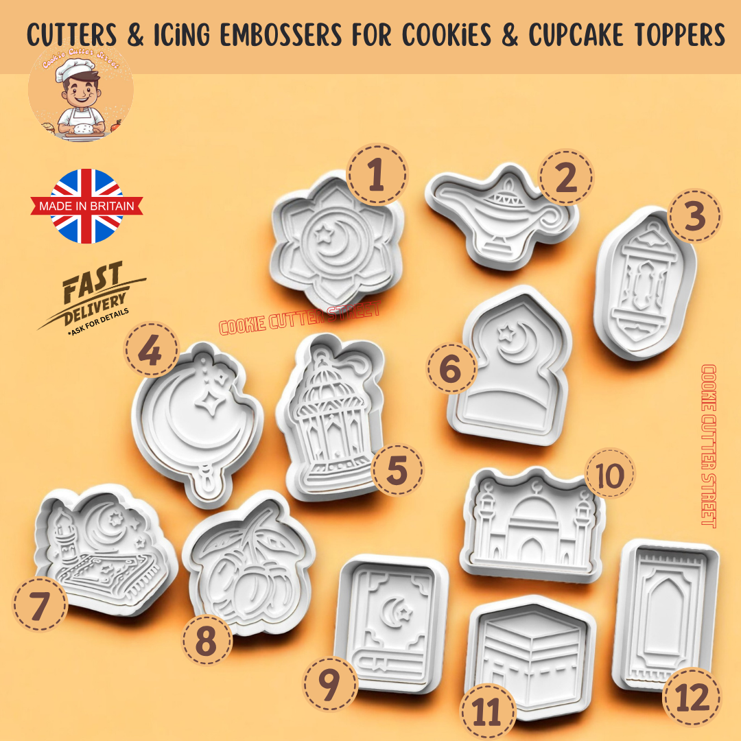 A set of 12 intricate Eid and Ramadan-themed cookie cutters and stamps, perfect for creating cookies, fondant decorations, and cupcake toppers. Includes traditional designs ideal for personalised Iftar treats, festive gift boxes, and desserts for family gatherings