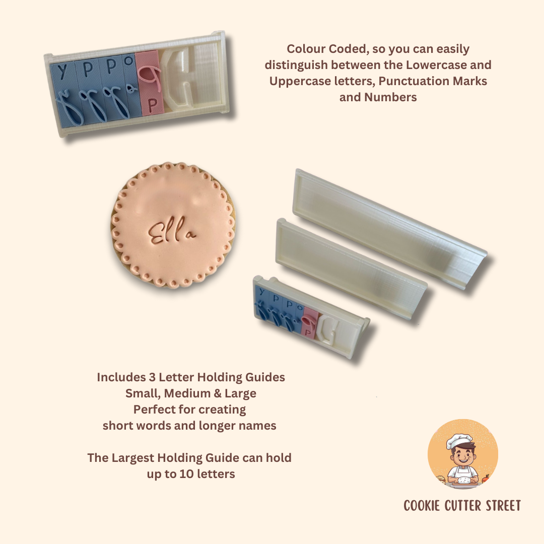 Signature font alphabet icing stamp set with uppercase & lowercase letters, numbers, and punctuation, available with or without a storage box.
