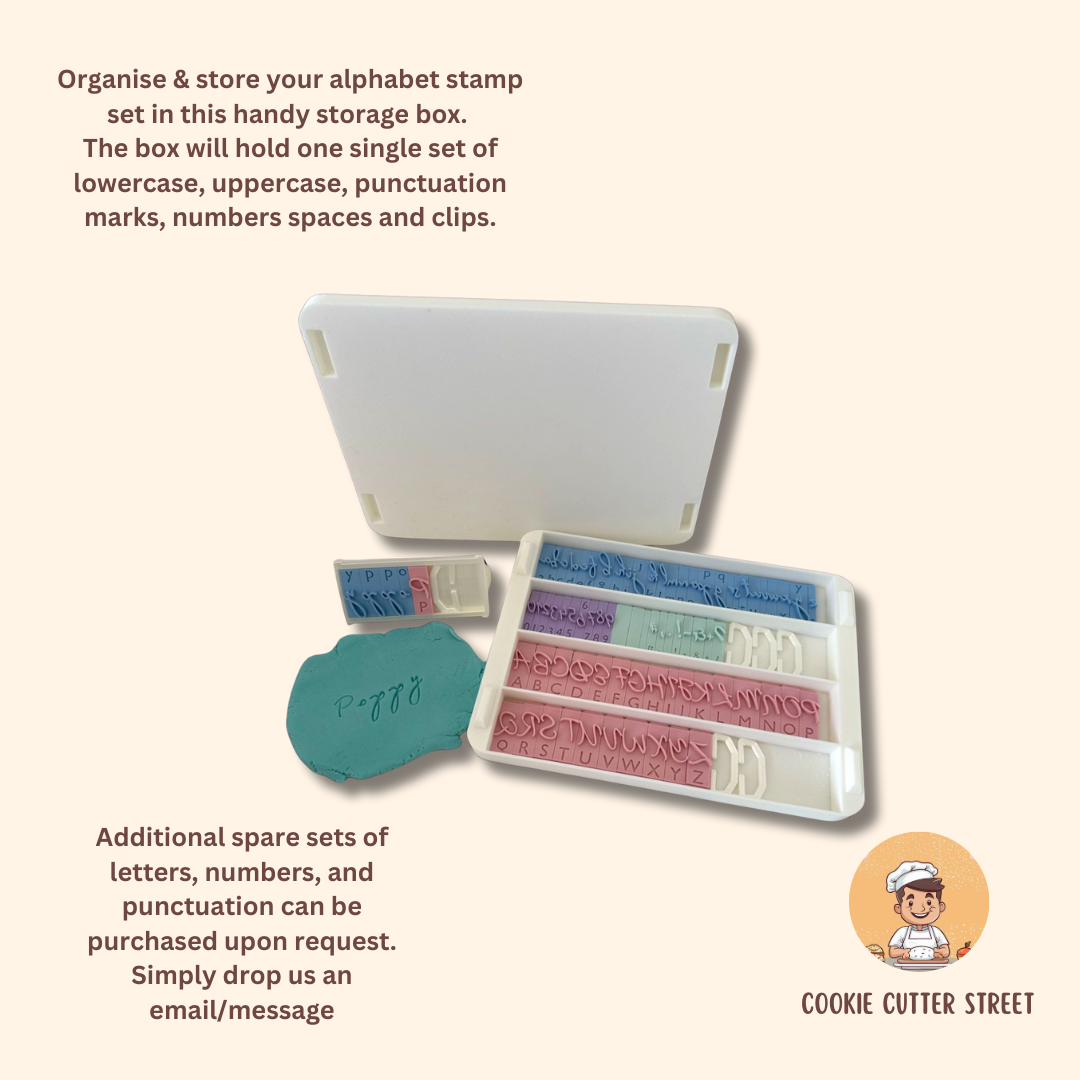 Signature font alphabet icing stamp set with uppercase & lowercase letters, numbers, and punctuation, available with or without a storage box.