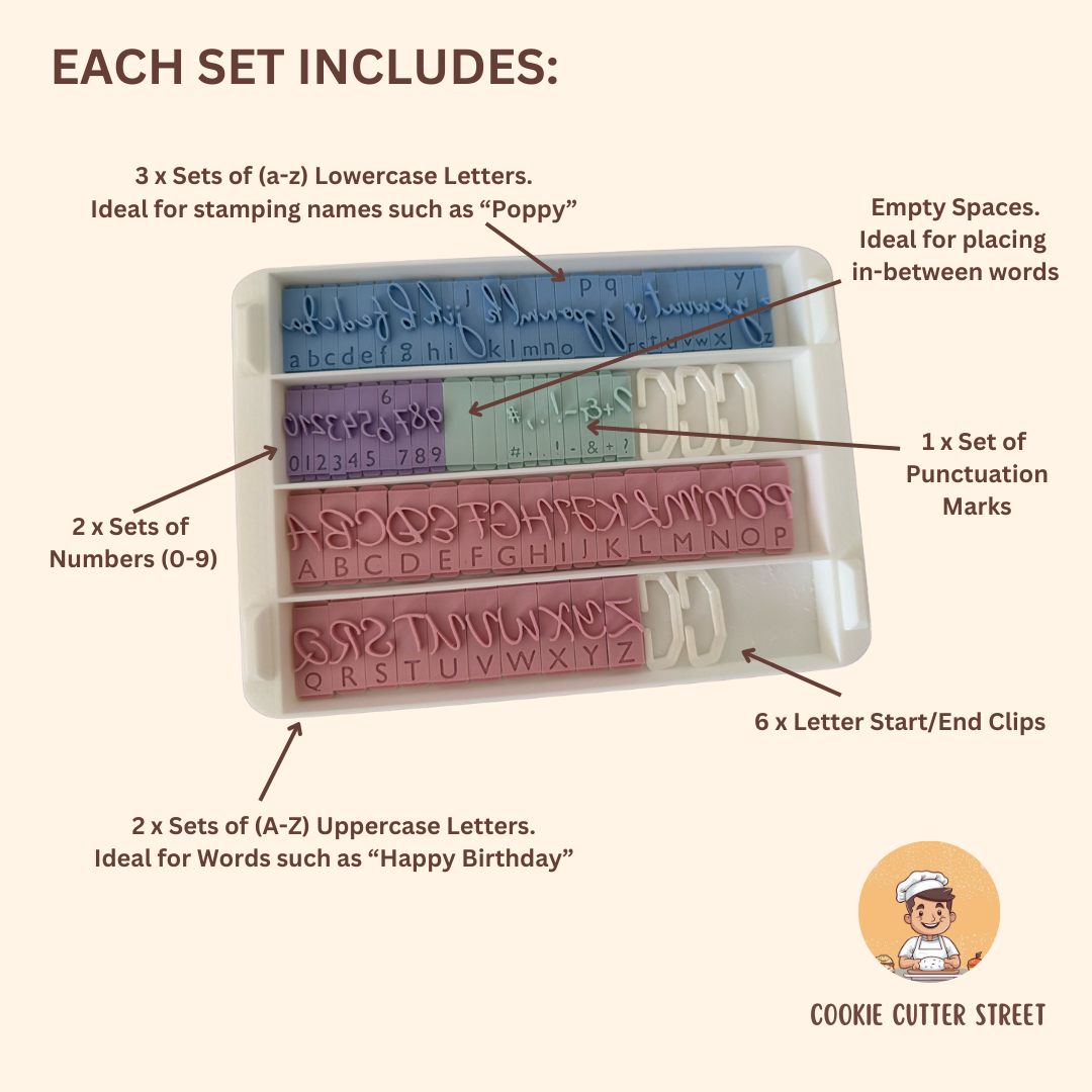 Signature font alphabet icing stamp set with uppercase & lowercase letters, numbers, and punctuation, available with or without a storage box.