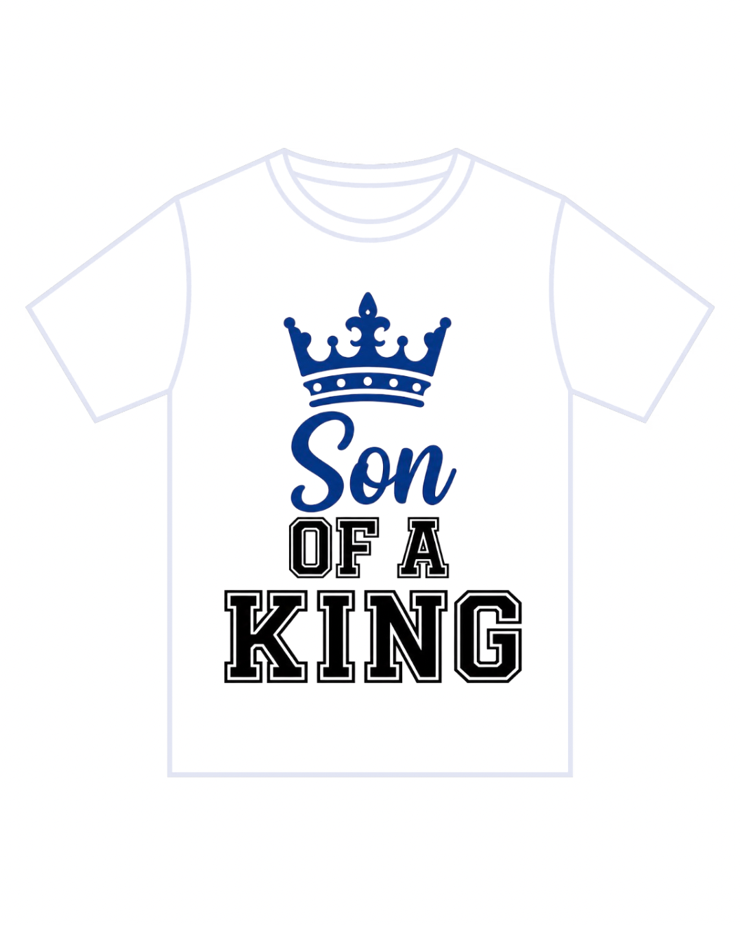 White t-shirt with 'Son of a King' text and crown graphic on a white background