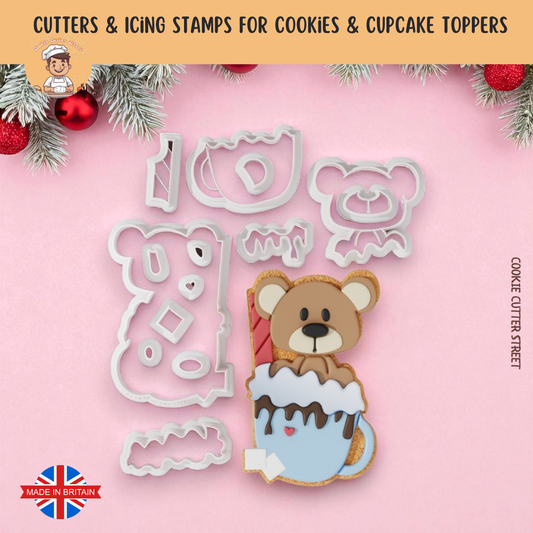 Cute Teddy Bear Cup Multi-Piece Cutter & Icing Embosser For Cookies & Cupcake Toppers