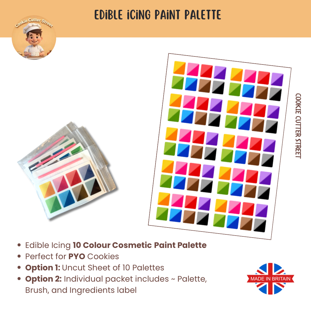 Edible icing paint palette with color swatches and product details on a white background