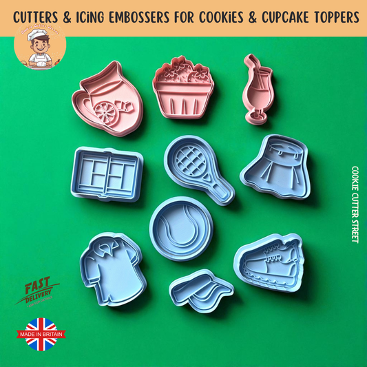 Wimbledon-themed cookie cutter and embosser set featuring Pimm’s jug, cocktail glass, strawberries, tennis gear and sporty icons – ideal for summer and tennis-themed bakes.