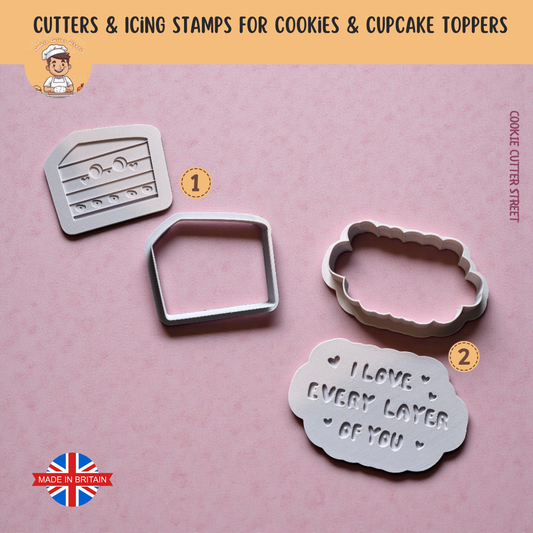 Valentines I Love Every Layer of You Slice of Cake Icing Stamp & Cutter For Cookies & Cupcake Toppers