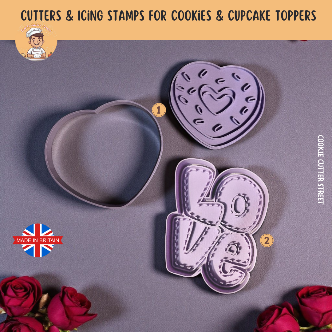 Heart-shaped cookie cutters and stamp with 'LOVE' text on a gray background with roses.