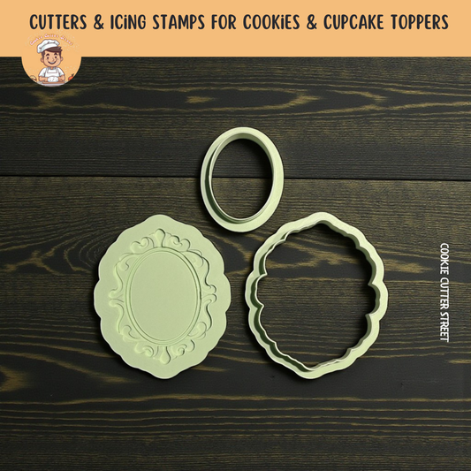 Two green cookie cutters on a wooden surface with 'Cookie Cutter Street' branding.