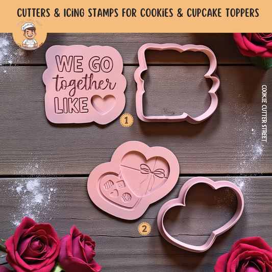 Valentines We Go Together Box of Chocolates Icing Stamp & Cutter For Cookies & Cupcake Toppers