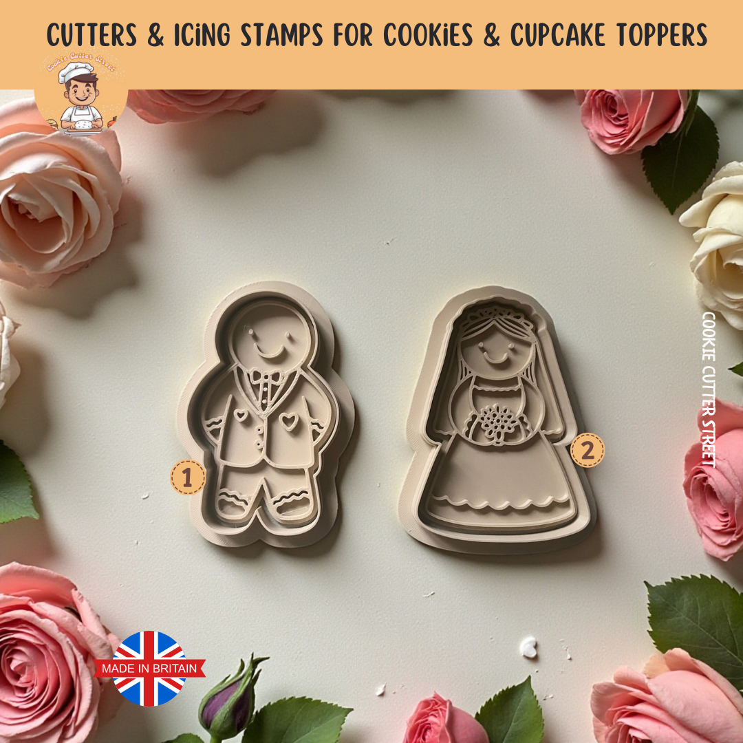 Wedding Gingerbread Bride and Groom Cookie Cutter & Icing Stamp Set featuring two cute characters for creating detailed cookies and fondant toppers.