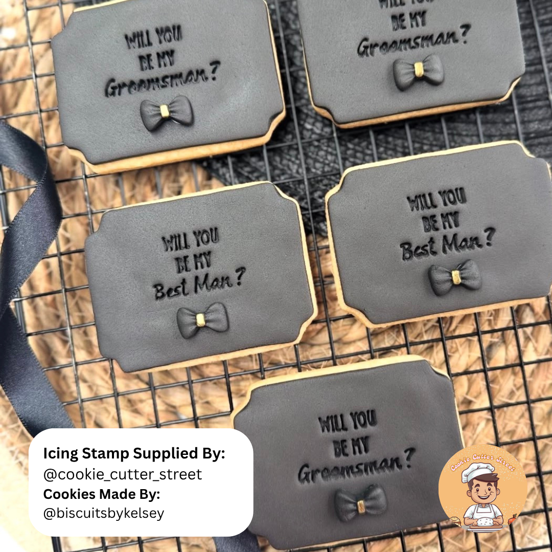 Wedding proposal cookie stamps featuring Best Man, Groomsman and I Can’t Say I Do Without You imprint designs.