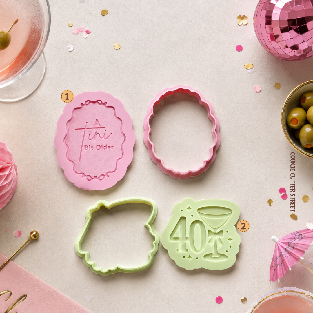 40th birthday martini raised icing stamps and cookie cutters featuring A Tini Bit Older and 40 cocktail glass designs.