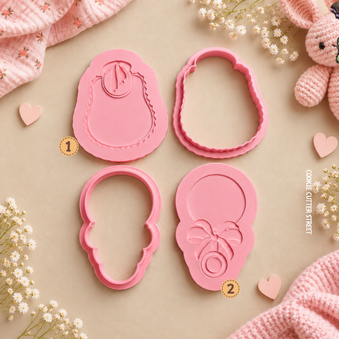 Baby bib and baby rattle multi-level icing stamps with matching cookie cutters for baby shower biscuits, new baby cookies and fondant decorations