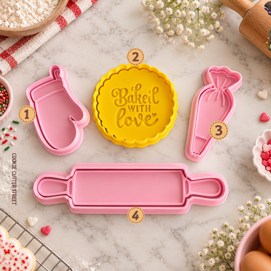 Baking themed cookie cutters and icing stamps by Cookie Cutter Street featuring four designs: oven mitt, Baked With Love scalloped circle, piping bag and rolling pin. The Baked With Love stamp is available in both imprint and raised pop-out effects. Perfect for decorating fondant biscuits, baking-themed cookies, Mother's Day treats, baker gifts and homemade cookie boxes. UK-made 3D printed icing stamps.