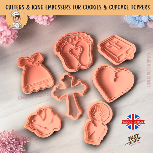 Set of 7 Baptism & Christening Cookie Cutters, including a cross, baby feet with a heart, dove, Holy Bible, christening gown, scalloped heart with a cross, and a radiant chalice. Ideal for religious celebrations and special occasions.